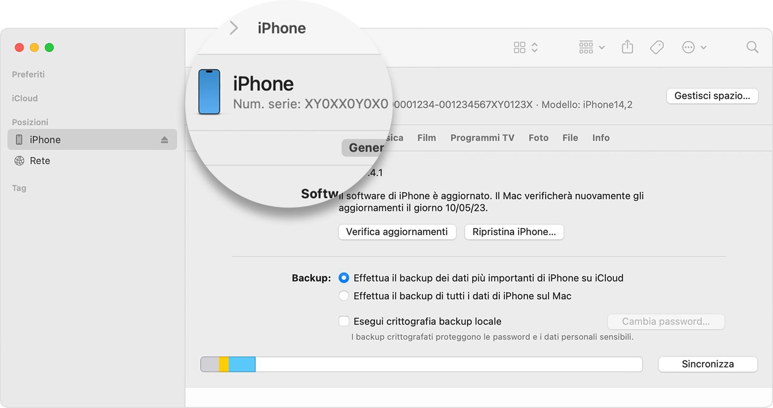trovare IMEI su iPhone da iTunes o Finder