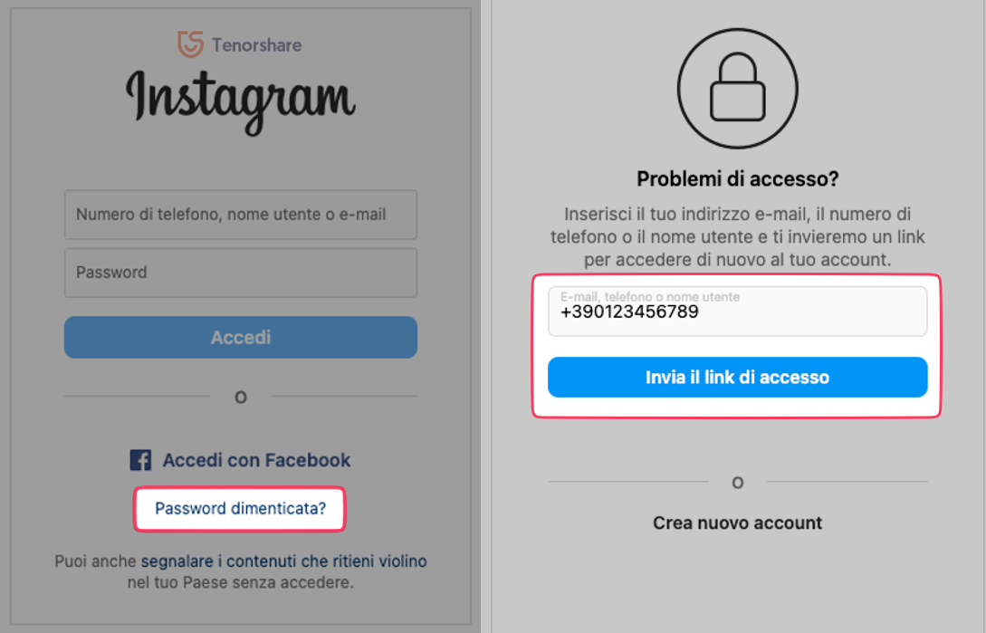 recuperare la password di Instagram dimenticata