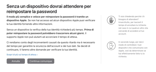 reimposta password senza dispositivo