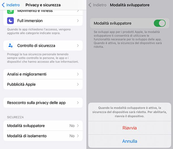 autorizzare la modalità sviluppatore su iPhone