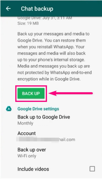 Pulsante Esegui backup con barra di progresso