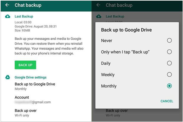 Selezione account Google per backup WhatsApp