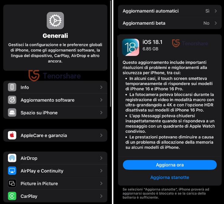 Aggiornamento a iOS 18.1 OTA