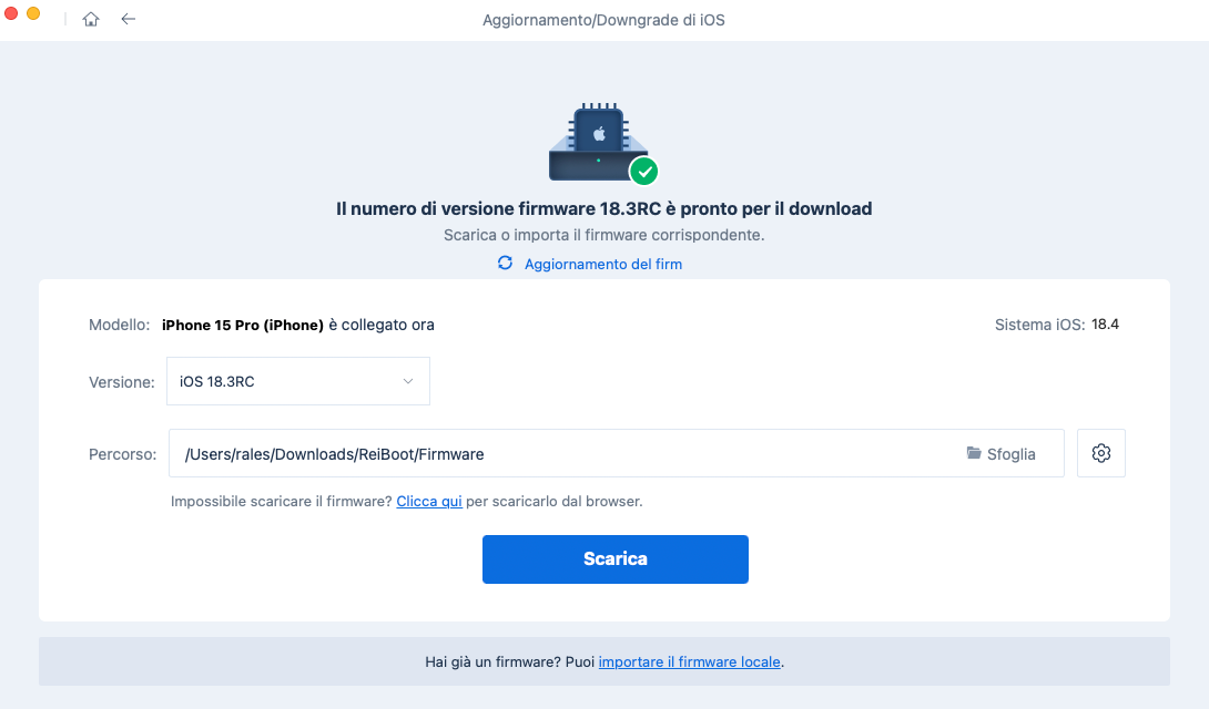 Selezione firmware per downgrade