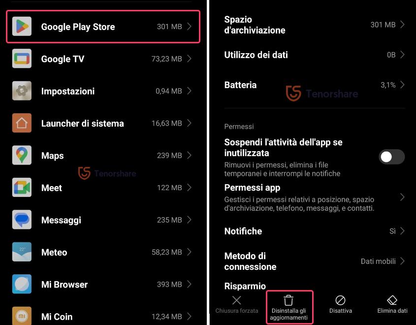 Disinstalla aggiornamenti
