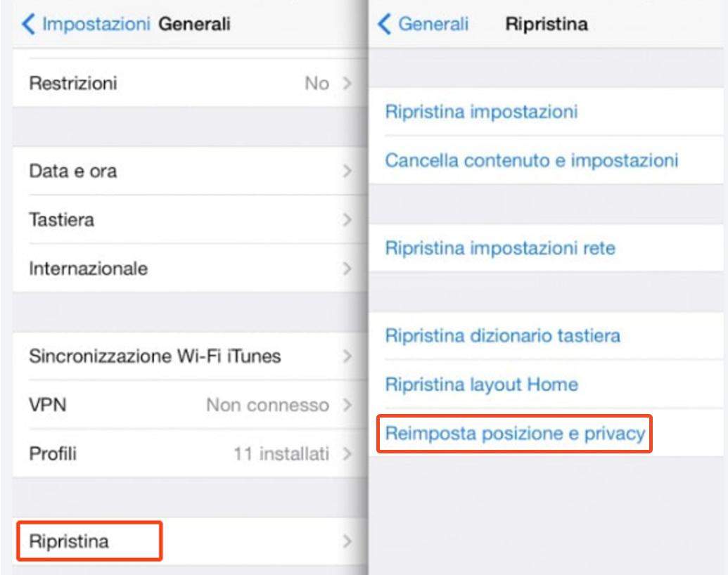 condivisione della posizione non funziona-Ripristinare le impostazioni di posizione e privacy