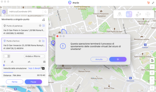 mettere in pausa o interrompere la simulazione - iAnyGo