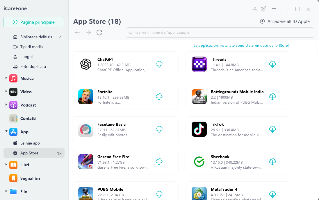Seleziona il menu Download App - iCareFone