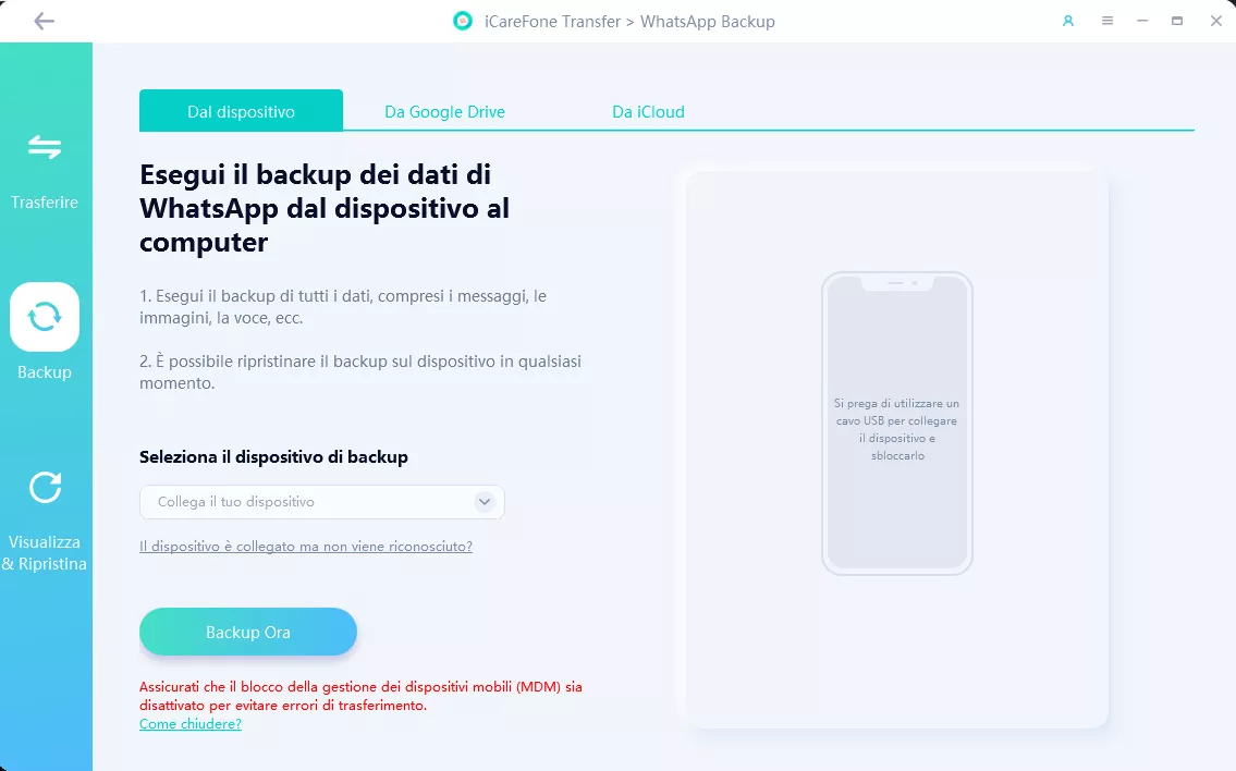 backup whatsapp su pc tramite iCareFone Transfer-collegare wahtsapp android su pc