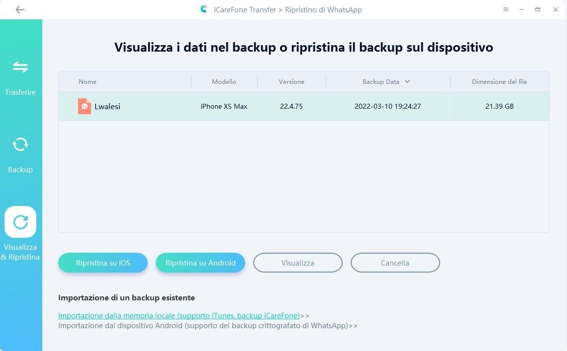 seleziona il file di backup da ripristinare su iphone - guida