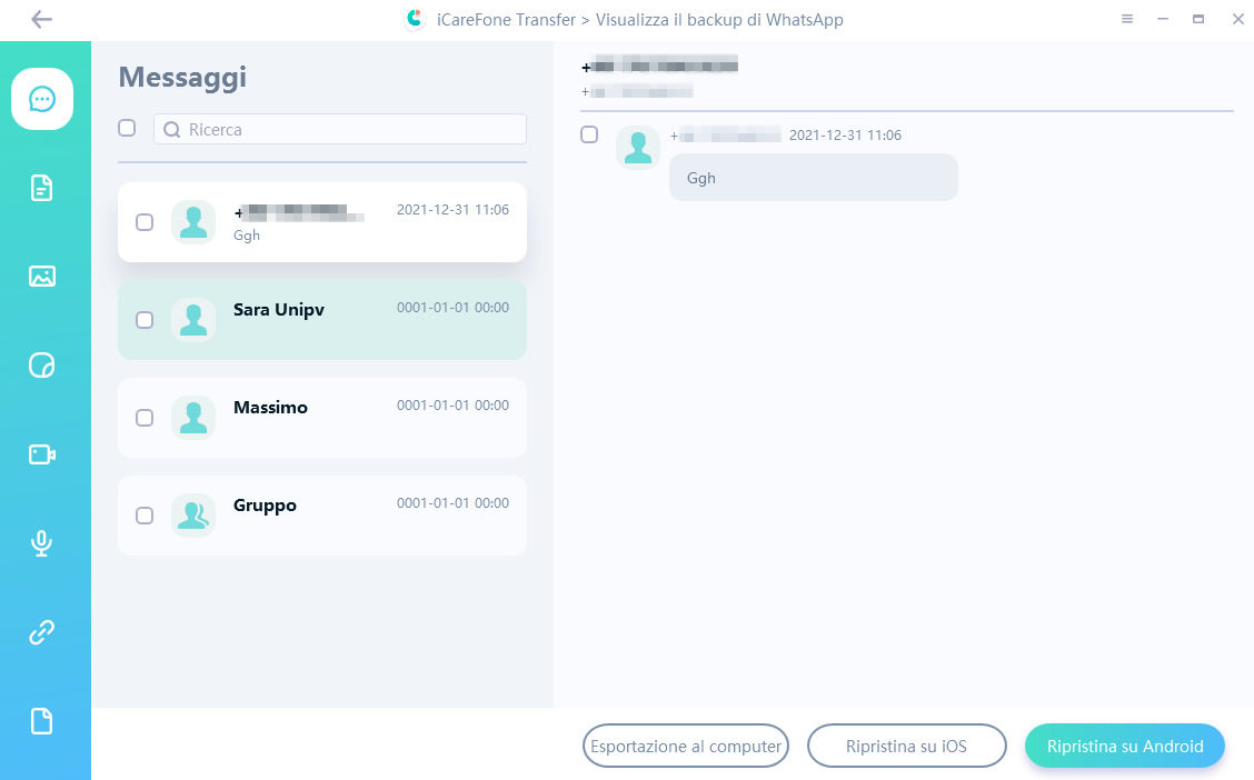 seleziona le chat di whatsapp icarefone per il trasferimento di whatsapp