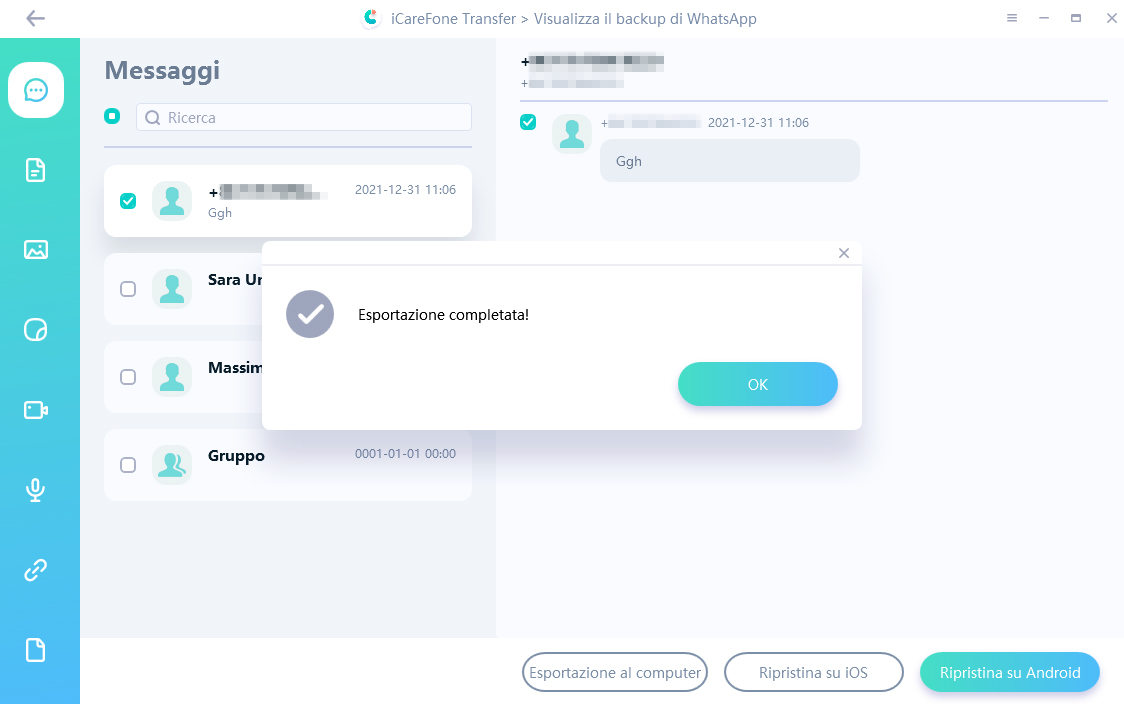 esportare icarefone di successo per il trasferimento di whatsapp